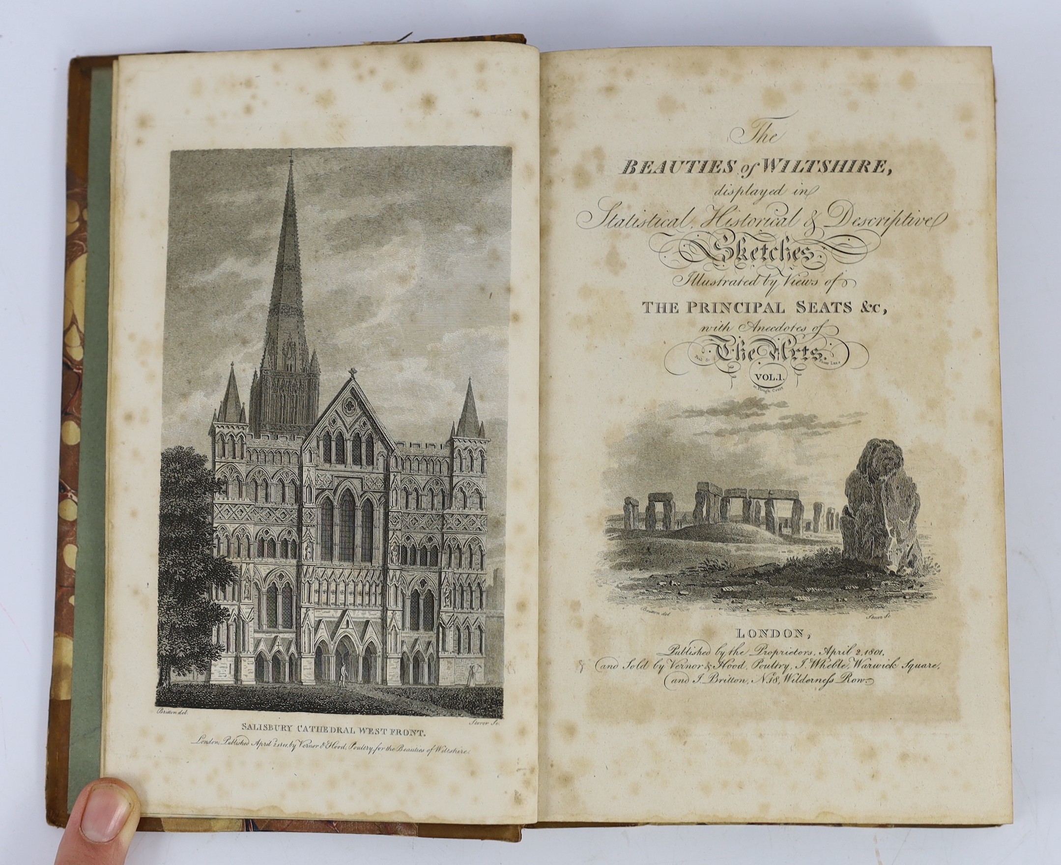 WILTS: (Britton, John) The Beauties of Wiltshire ... interspersed with anecdotes of the arts. 2 vols. engraved pictorial and printed titles, 14 plates; contemp. half calf and marbled boards, gilt-panelled spines and marb